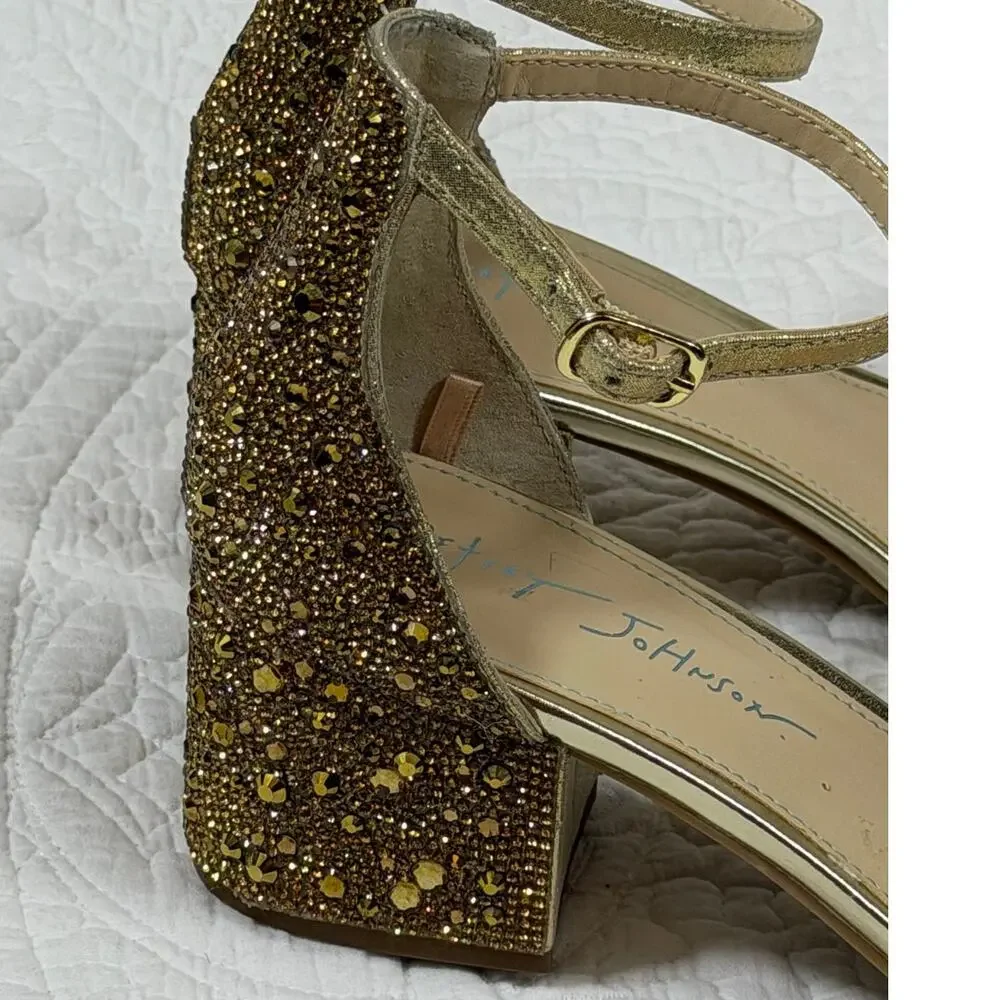 Betsey Johnson Women’s 7 Gold Hanna Beaded Strap Sandals Dress Wedding Heels